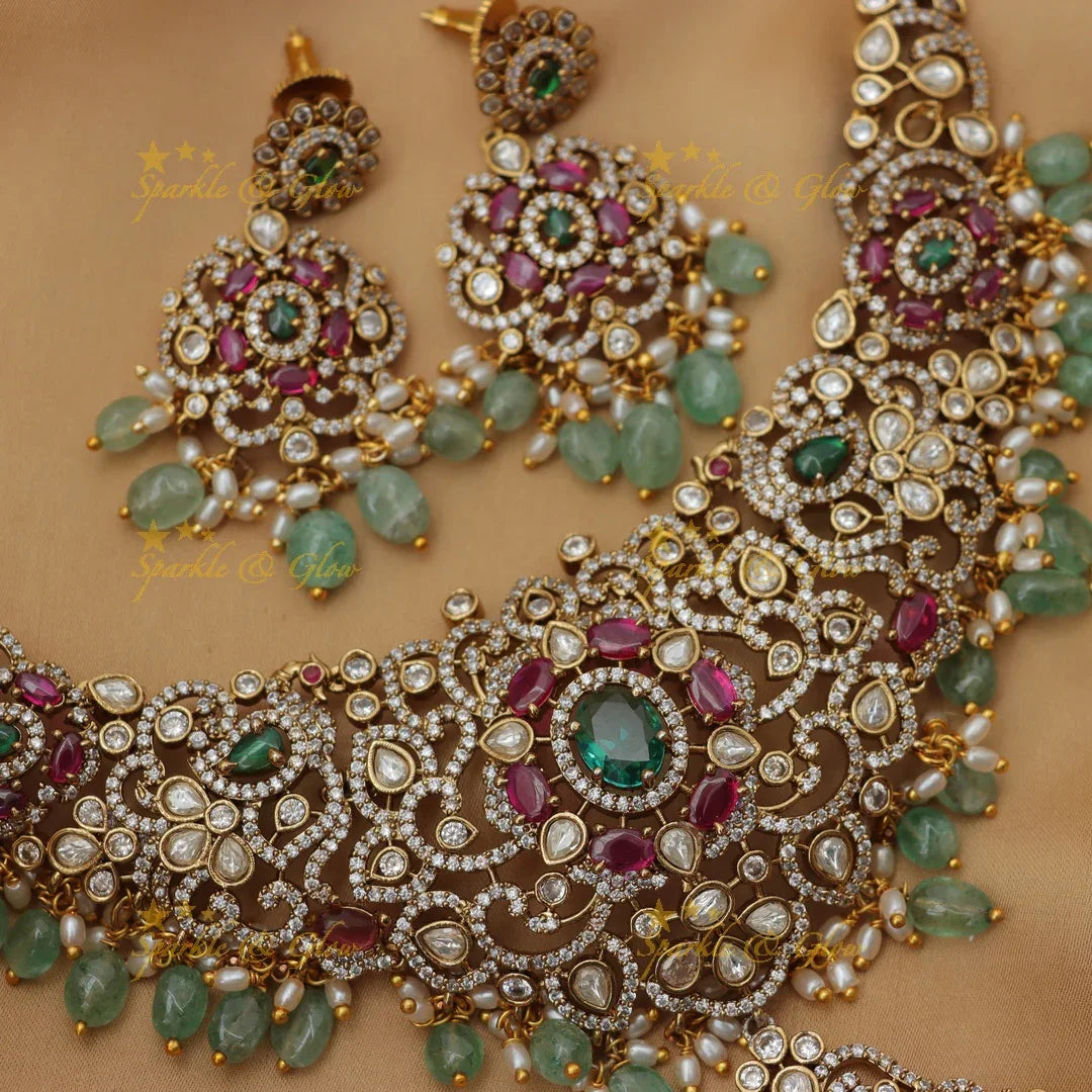 Stunning Victorian AD Green Bead Floral Short Necklace Set