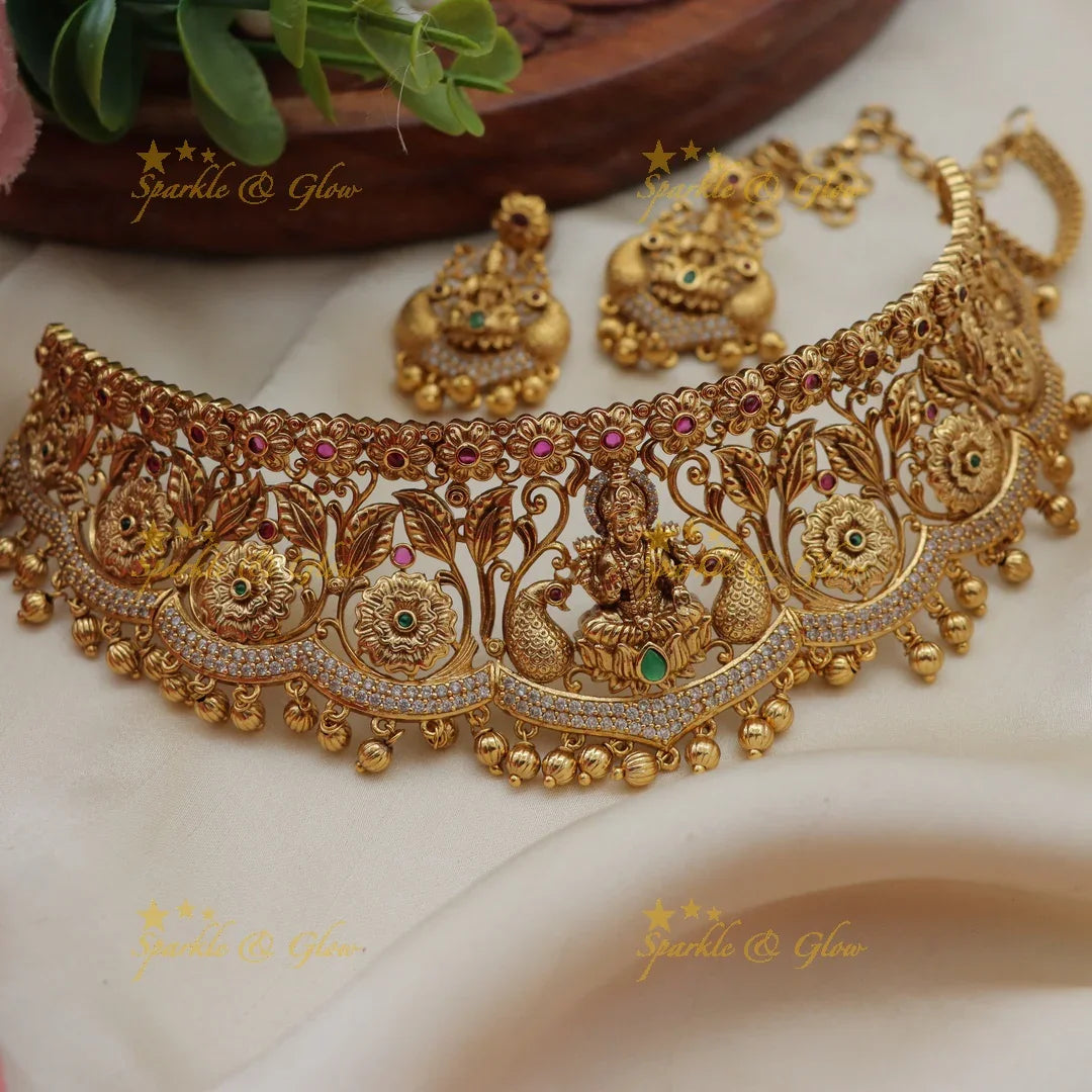 Elegant Lakshmi Peacock Floral Carved Bridal Choker Set