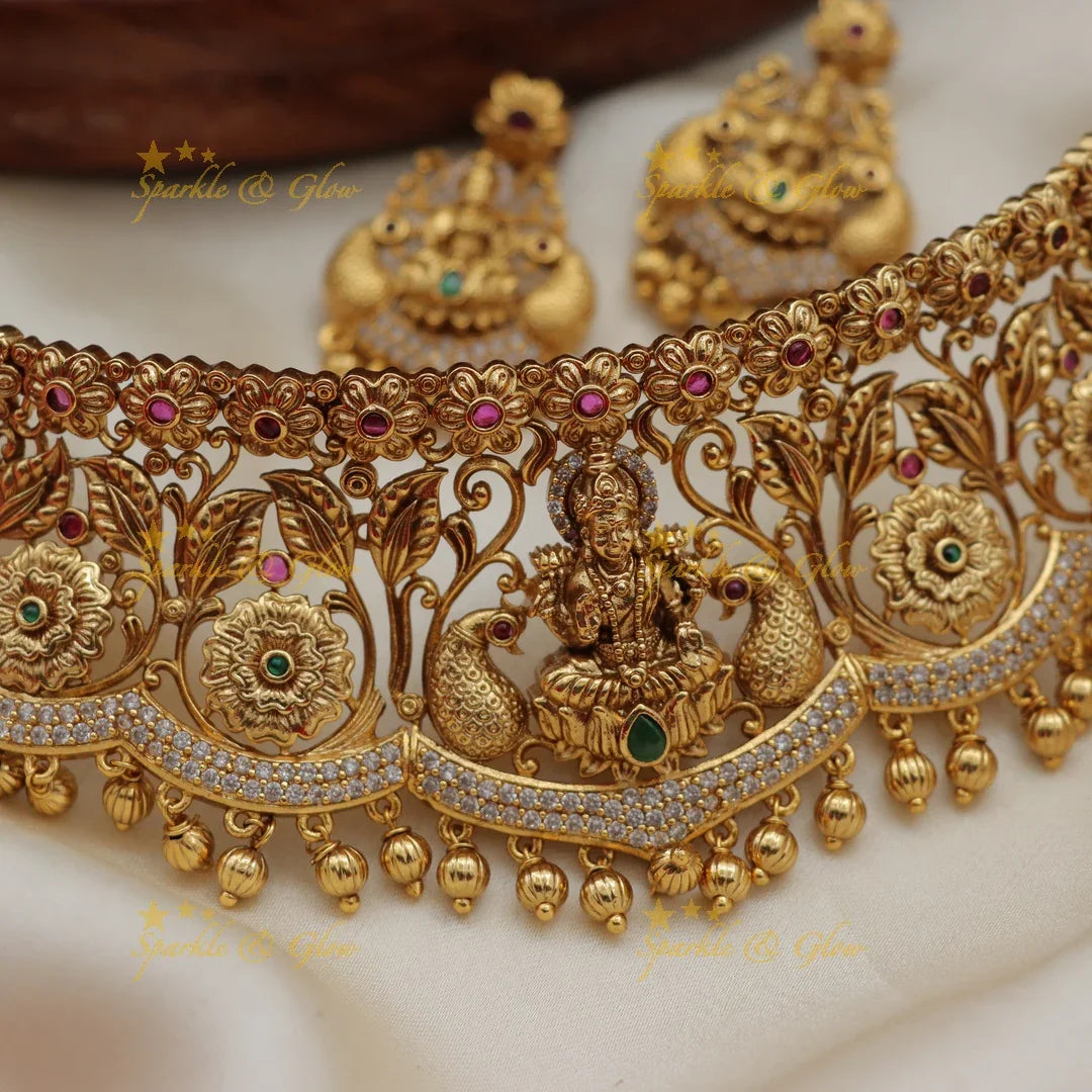 Elegant Lakshmi Peacock Floral Carved Bridal Choker Set