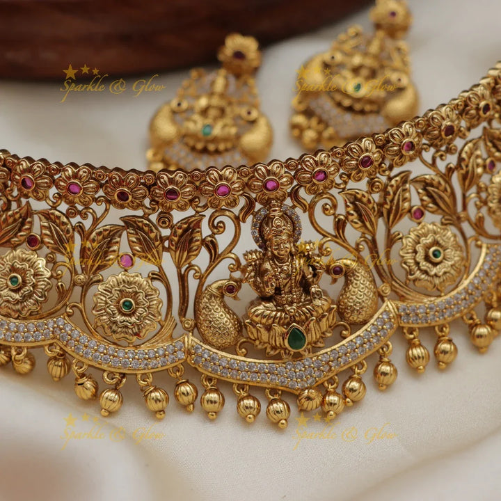 Elegant Lakshmi Peacock Floral Carved Bridal Choker Set