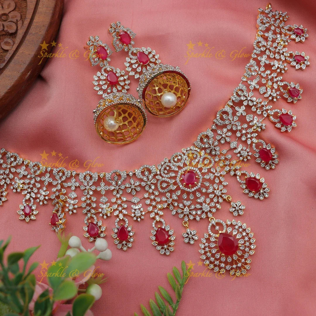 Stunning Floral American Diamond Short Necklace Set