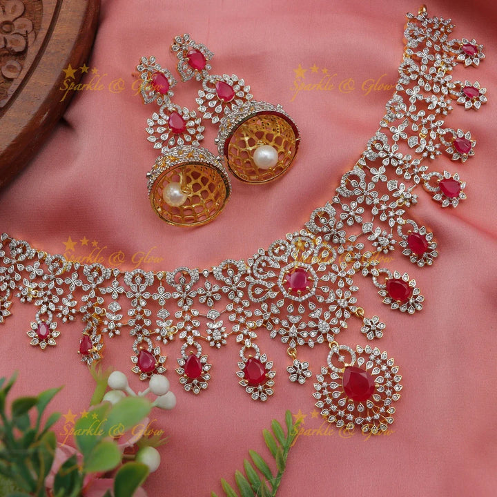 Stunning Floral American Diamond Short Necklace Set