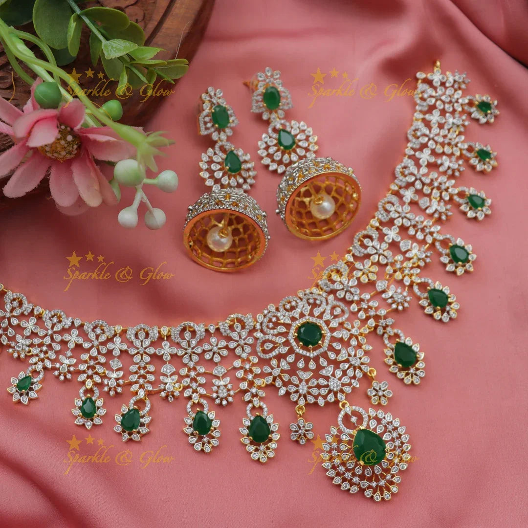 Stunning Floral American Diamond Short Necklace Set