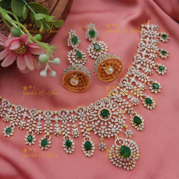 Stunning Floral American Diamond Short Necklace Set