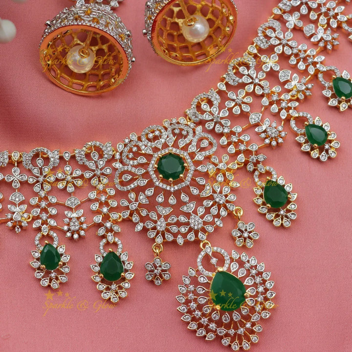 Stunning Floral American Diamond Short Necklace Set