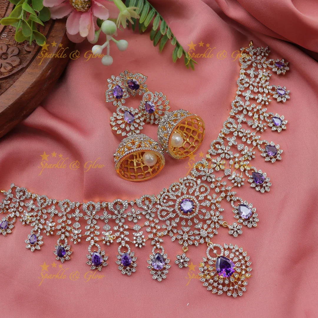 Stunning Floral American Diamond Short Necklace Set