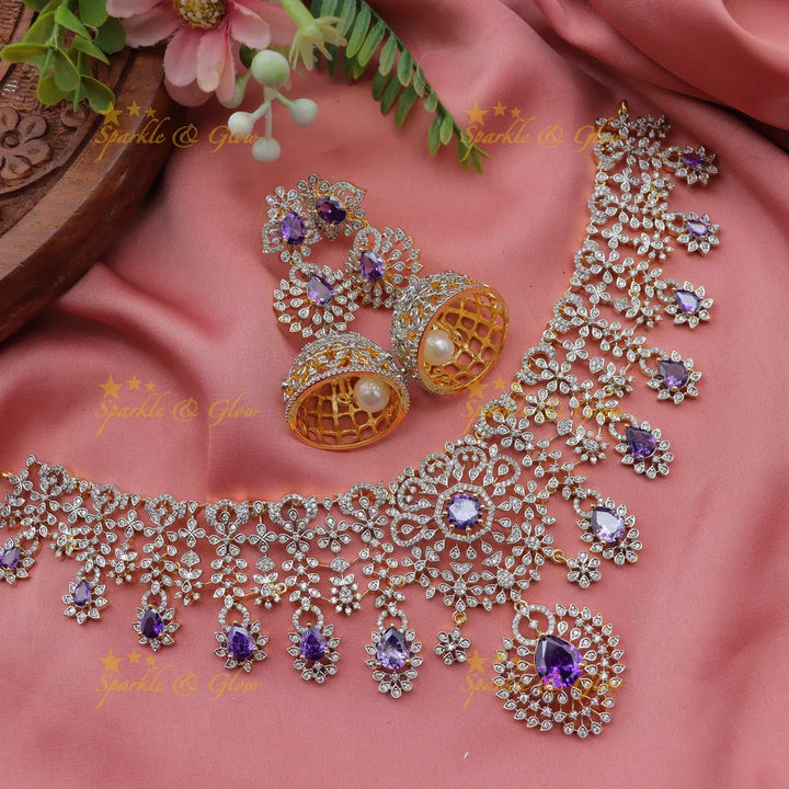 Stunning Floral American Diamond Short Necklace Set