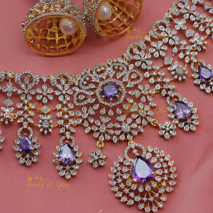 Stunning Floral American Diamond Short Necklace Set