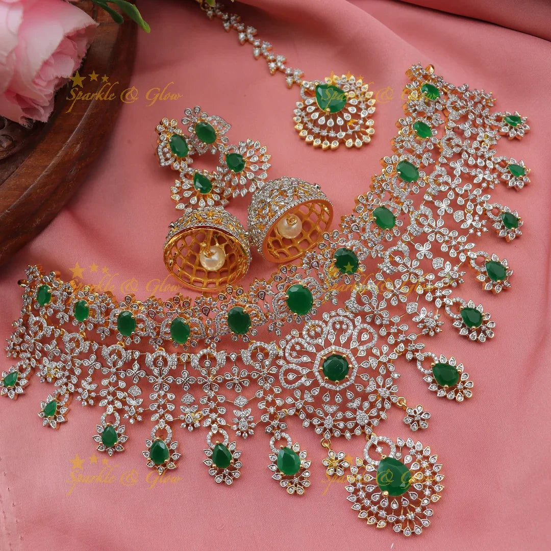 Grand GJ polish Floral American Diamond Bridal Choker Set