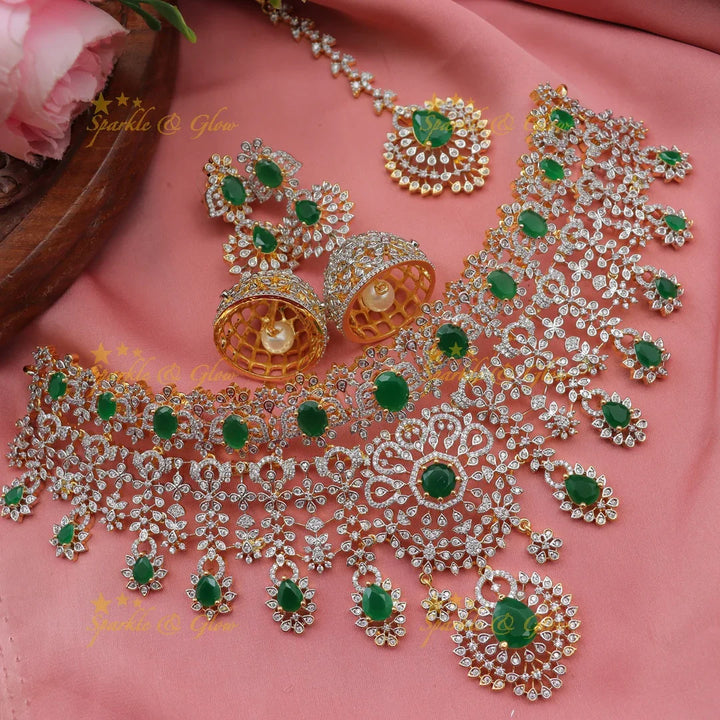 Grand GJ polish Floral American Diamond Bridal Choker Set