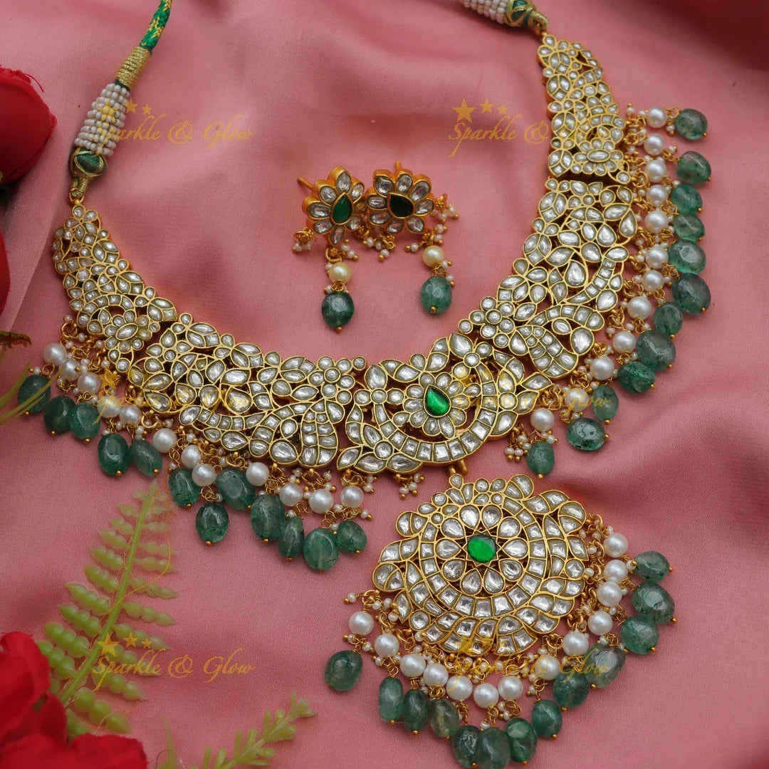 Grand Jadau Kundan Floral Short Necklace with Green Beads