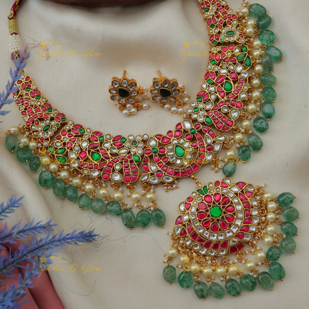 Grand Jadau Kundan Floral Short Necklace with Green Beads