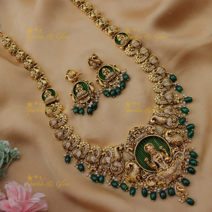 Grand Lakshmi Peacock Bridal Haram with Green Beads