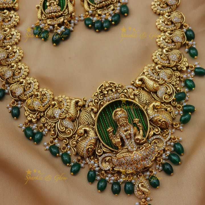 Grand Lakshmi Peacock Bridal Haram with Green Beads