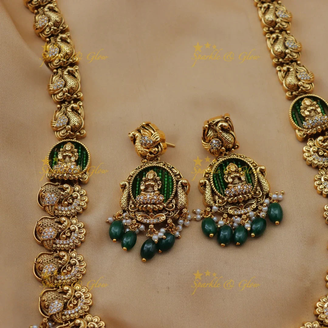 Grand Lakshmi Peacock Bridal Haram with Green Beads