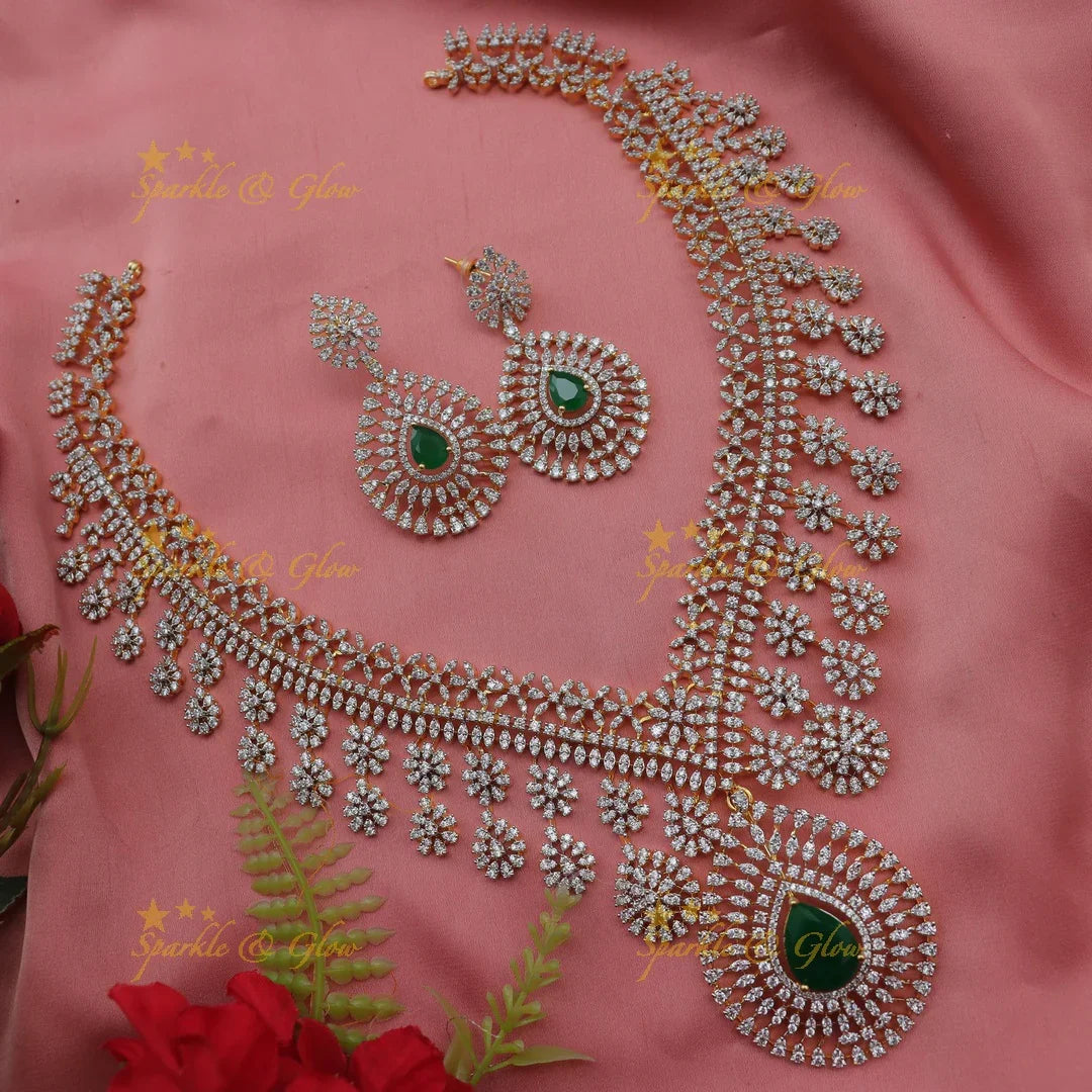 Grand Floral American Diamond Bridal Haram Necklace Set
