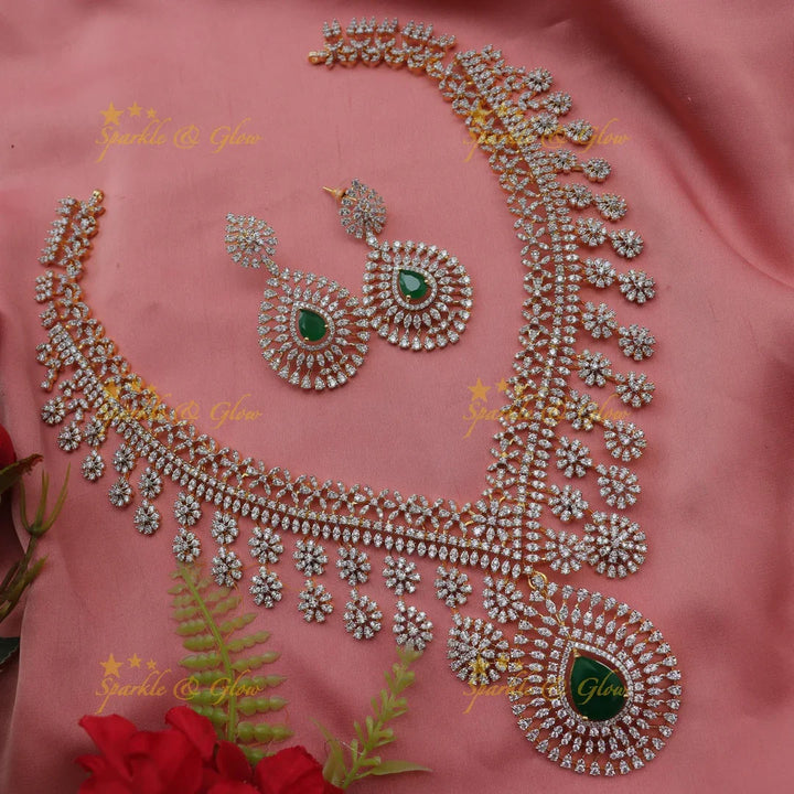 Grand Floral American Diamond Bridal Haram Necklace Set