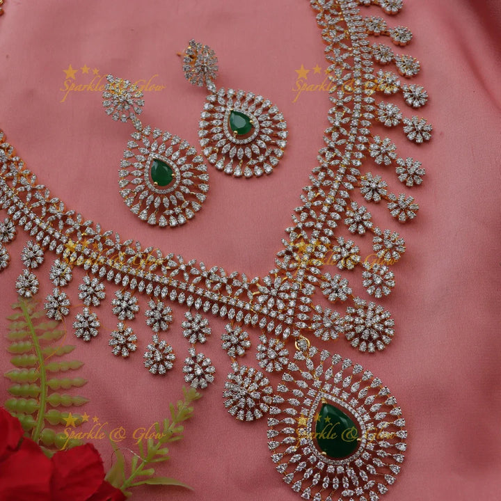 Grand Floral American Diamond Bridal Haram Necklace Set