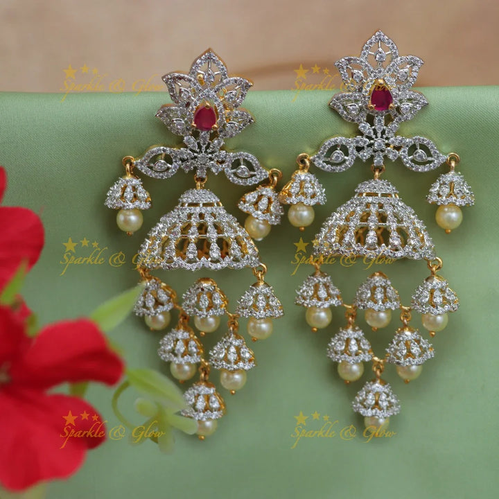 Grand GJ Polish Floral AD Earrings with Jhumka Drops