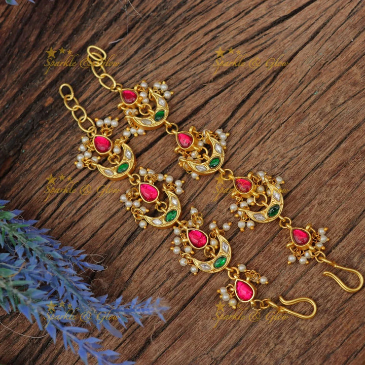 Stunning Jadau Kundan Half Moon Waterdrop Ear Chain