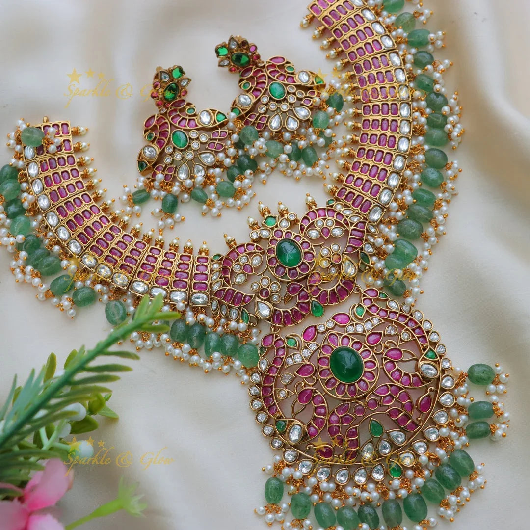 Grand Jadau Kundan Peacock Short Necklace with Green Beads