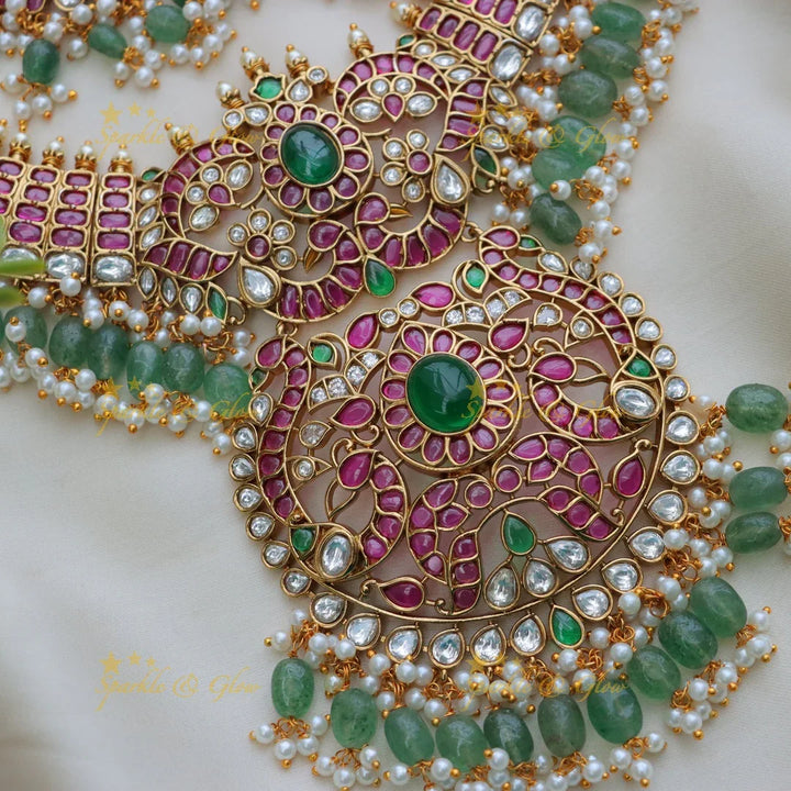 Grand Jadau Kundan Peacock Short Necklace with Green Beads