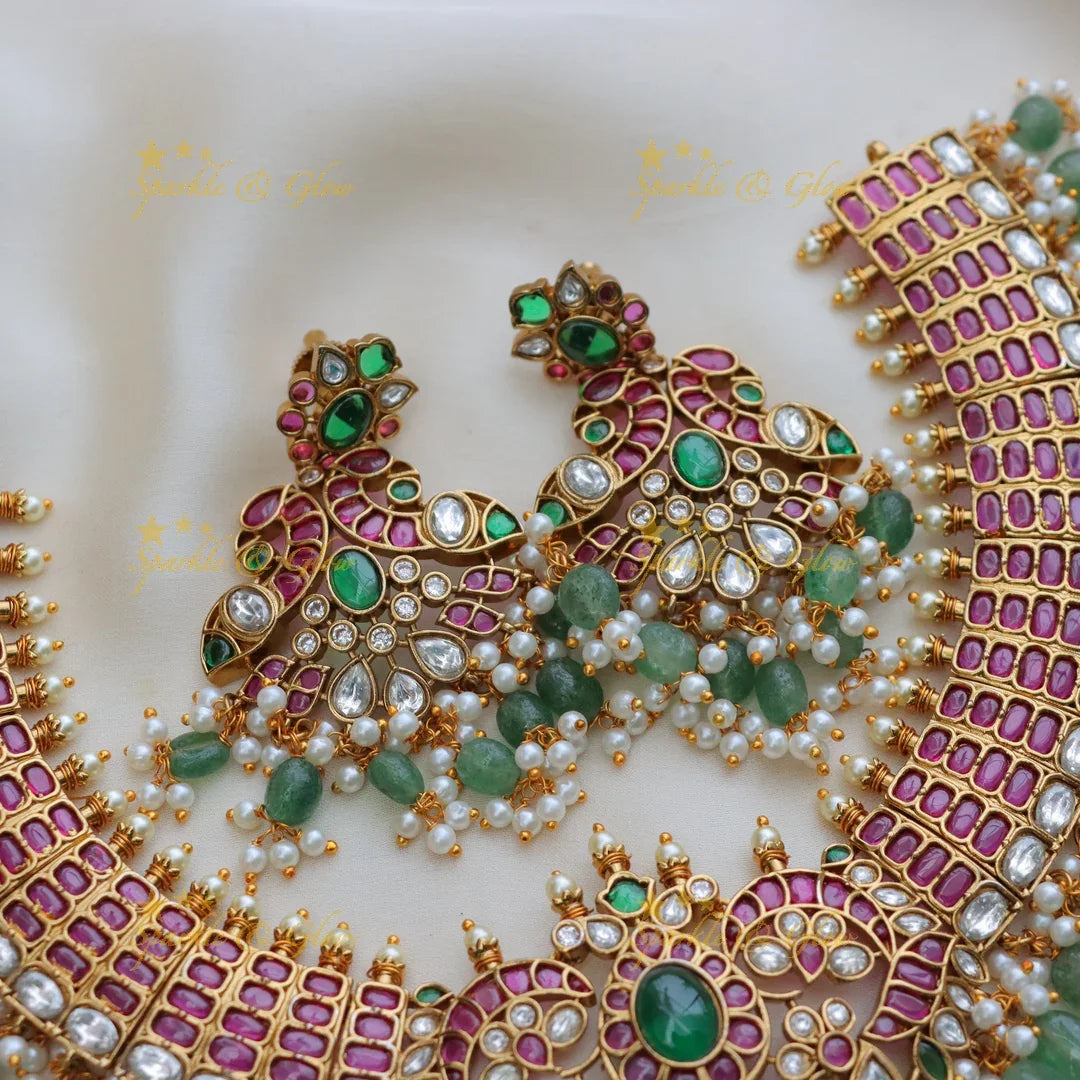 Grand Jadau Kundan Peacock Short Necklace with Green Beads