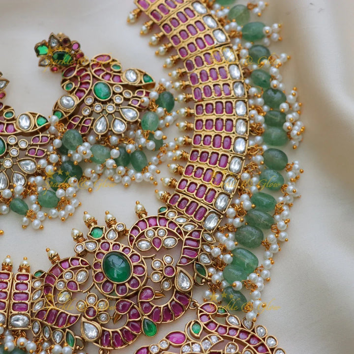 Grand Jadau Kundan Peacock Short Necklace with Green Beads