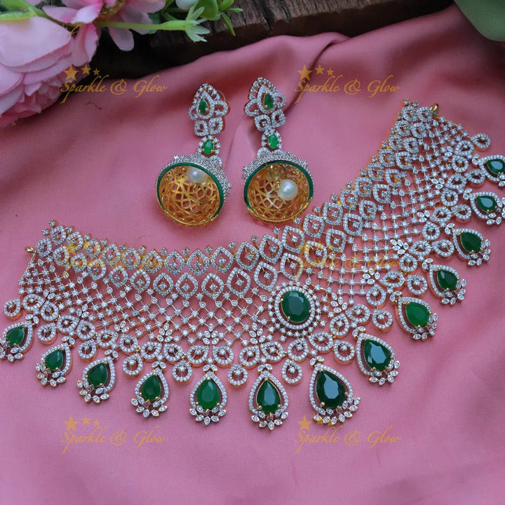 Grand GJ Polish Floral AD Bridal Choker Necklace Set