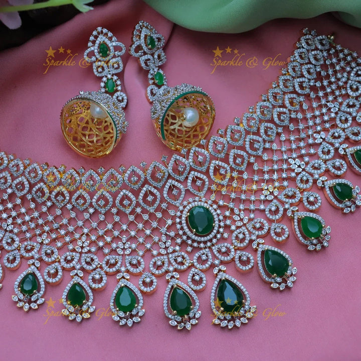 Grand GJ Polish Floral AD Bridal Choker Necklace Set