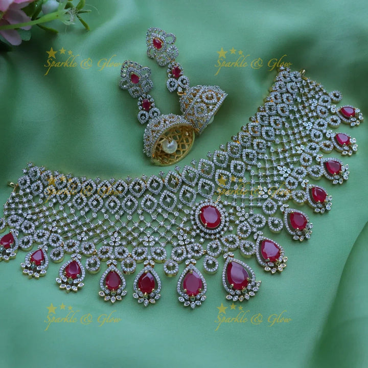 Grand GJ Polish Floral AD Bridal Choker Necklace Set