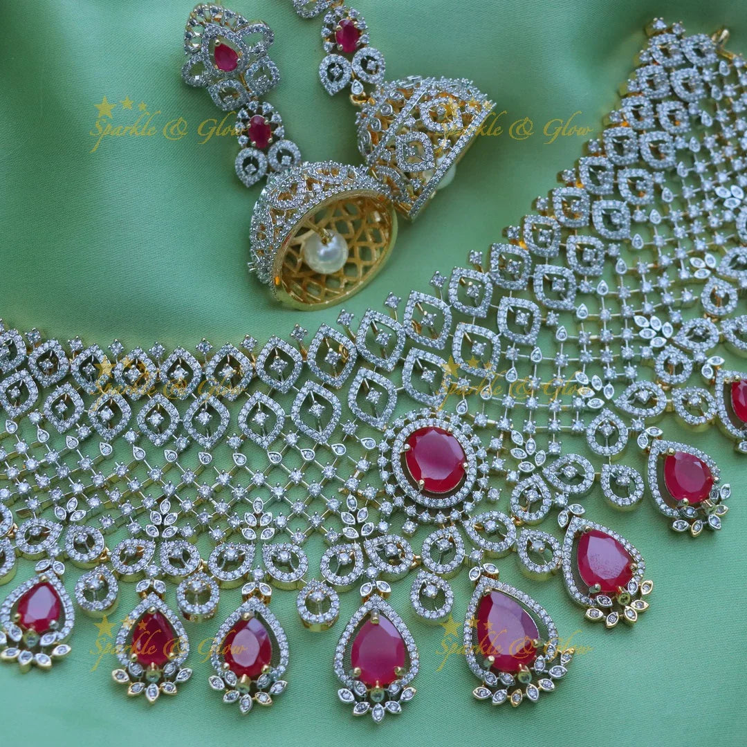 Grand GJ Polish Floral AD Bridal Choker Necklace Set