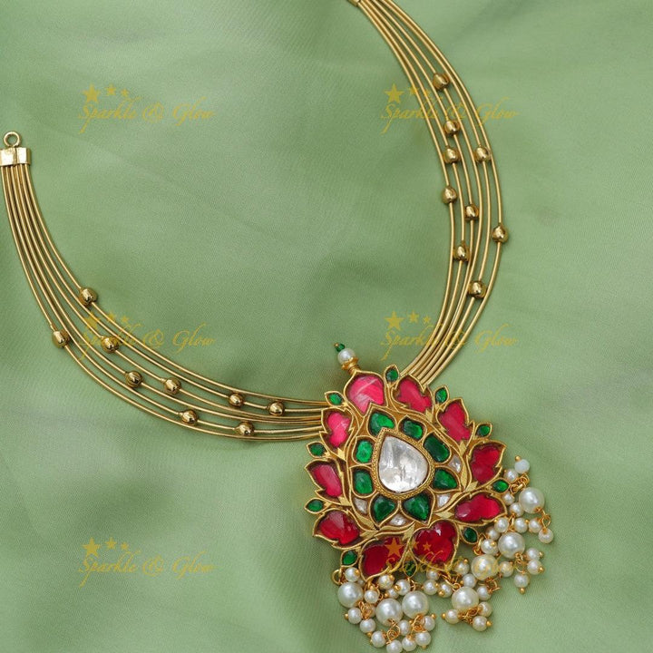 Stunning Jadau Kundan Lotus Pendant Hasli Short Necklace