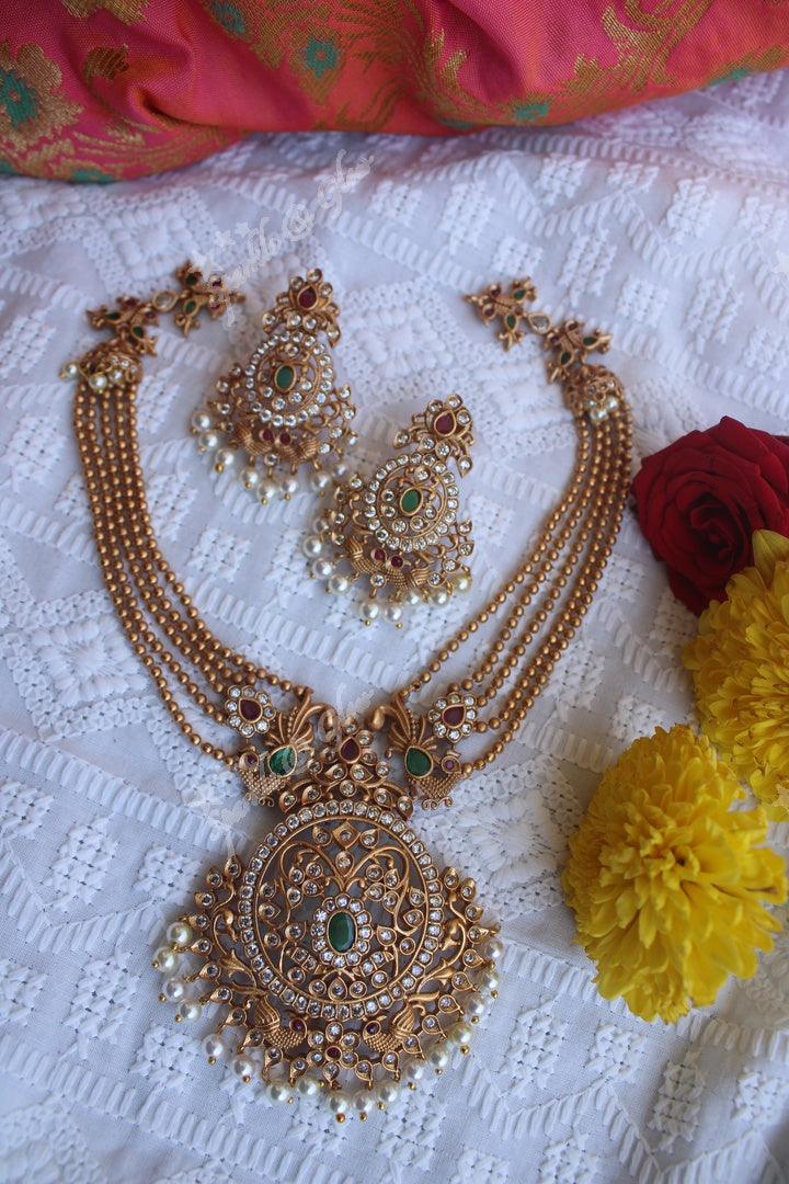 Gold beads layered peacock cz necklace - Sparkle and Glow