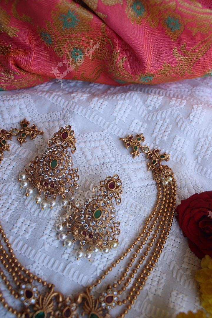 Gold beads layered peacock cz necklace - Sparkle and Glow