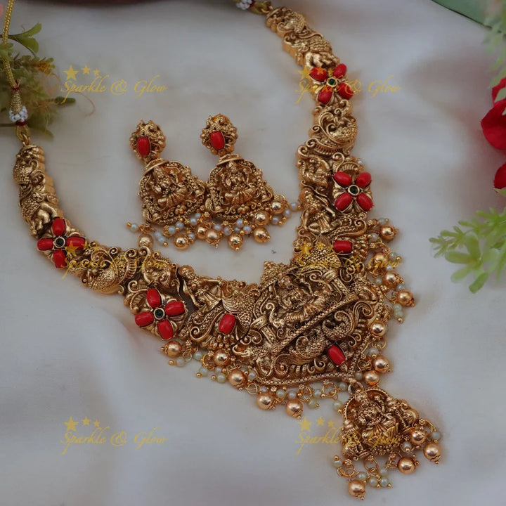 Exquisite Lakshmi Peacock Necklace in Coral Gold - Festive Elegance
