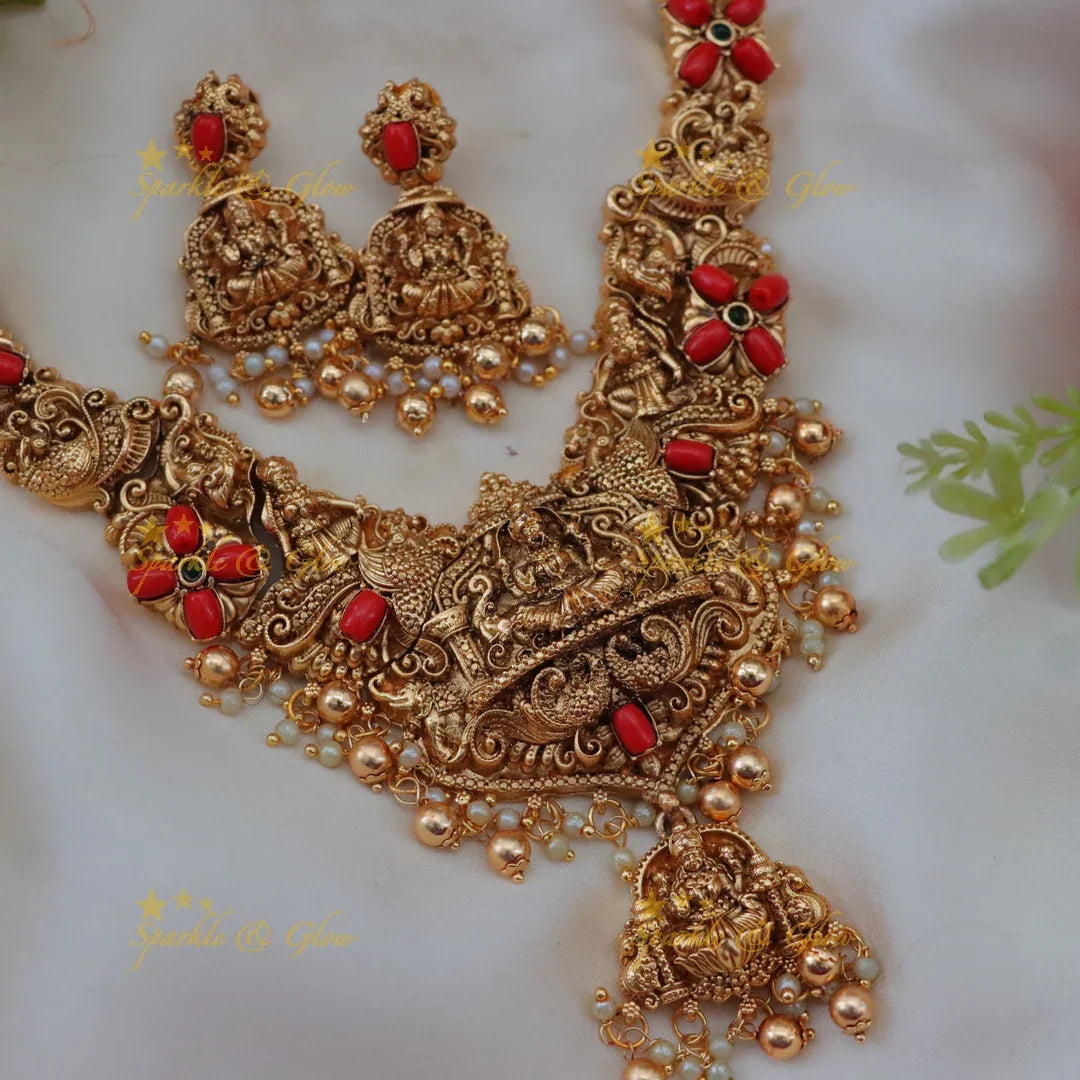 Exquisite Lakshmi Peacock Necklace in Coral Gold - Festive Elegance