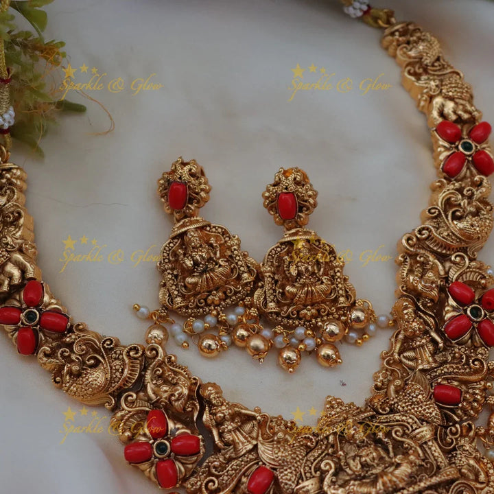 Exquisite Lakshmi Peacock Necklace in Coral Gold - Festive Elegance