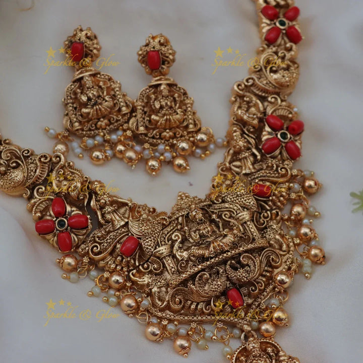 Exquisite Lakshmi Peacock Necklace in Coral Gold - Festive Elegance