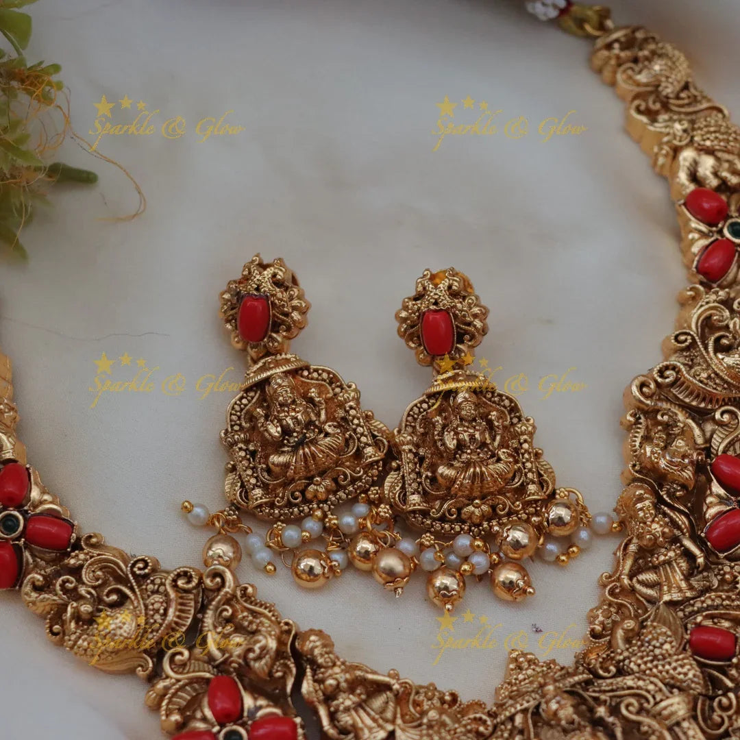 Exquisite Lakshmi Peacock Necklace in Coral Gold - Festive Elegance