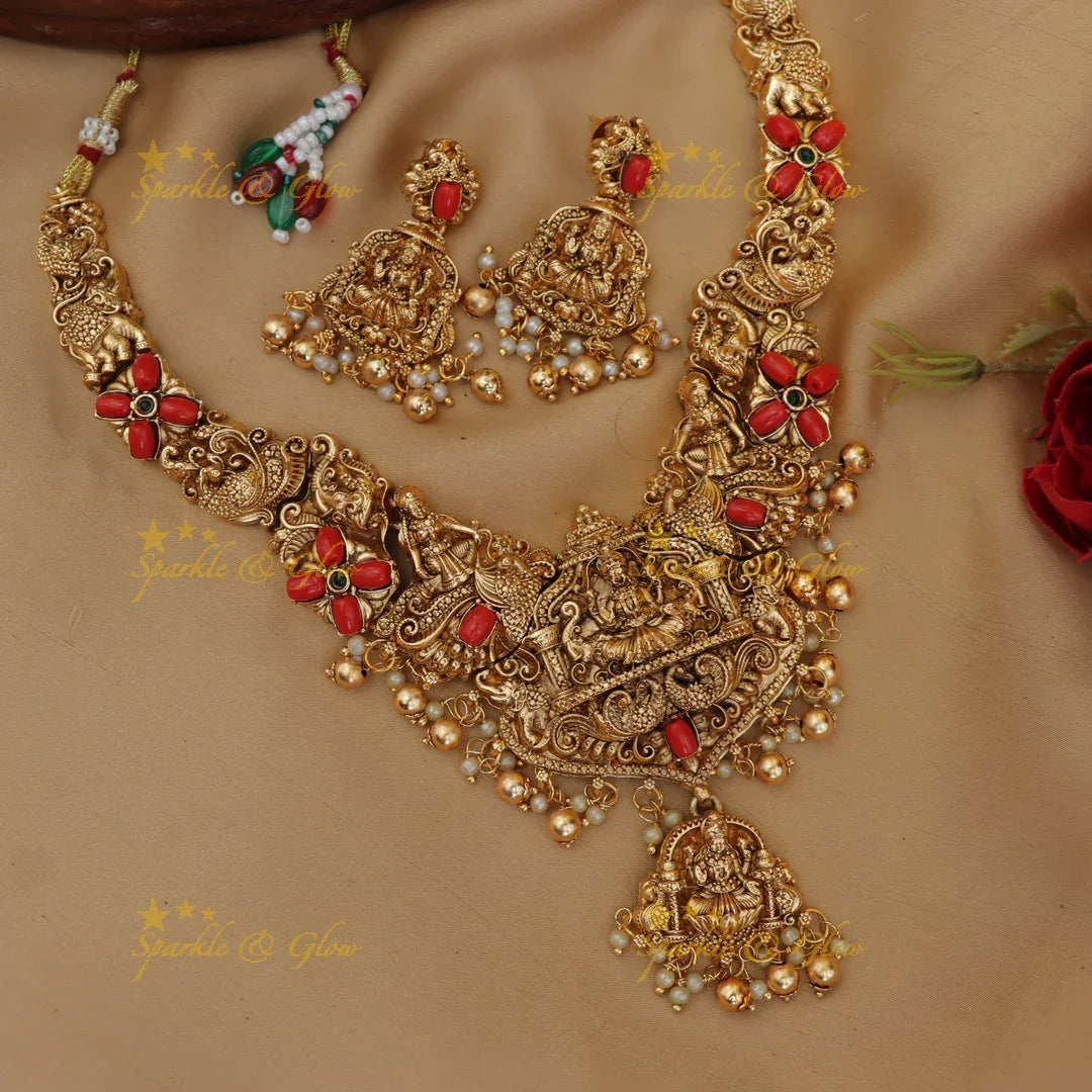 Exquisite Lakshmi Peacock Necklace in Coral Gold - Festive Elegance