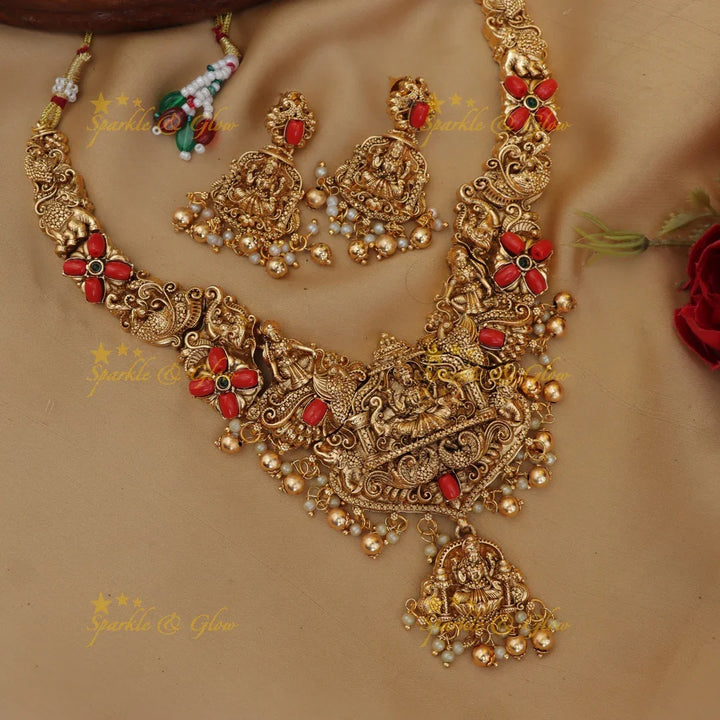 Exquisite Lakshmi Peacock Necklace in Coral Gold - Festive Elegance