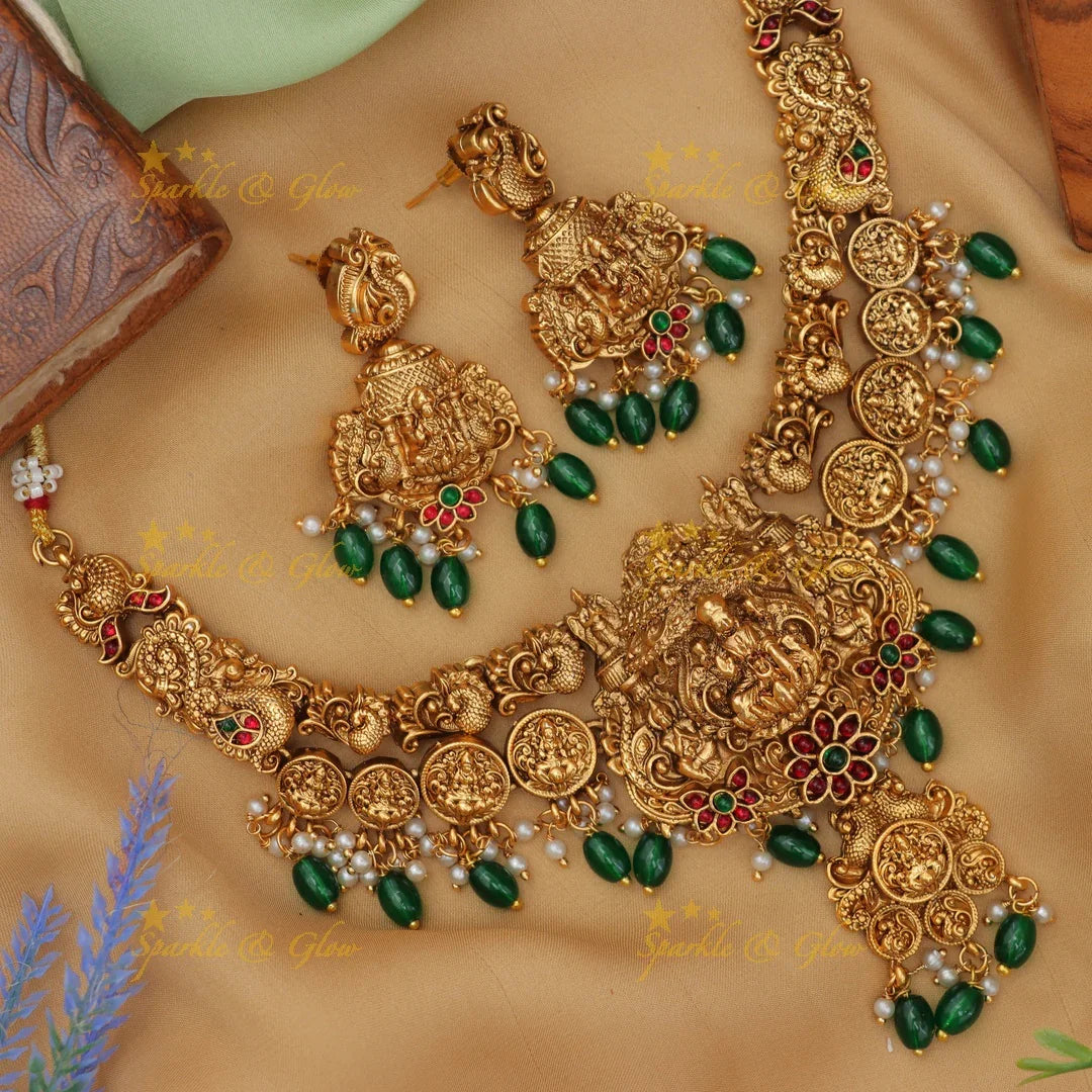 Elegant Lakshmi Peacock Floral carved short necklace with Green beads