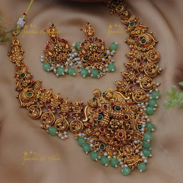 Elegant Lakshmi Peacock carved Coin design Short necklace