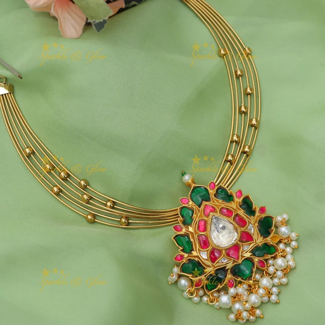Stunning Jadau Kundan Lotus Pendant Hasli Short Necklace