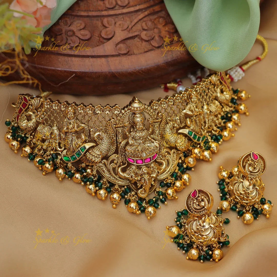 Grand Lakshmi Peacock Elephant carved Bridal Choker with beads