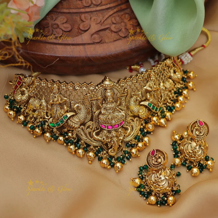 Grand Lakshmi Peacock Elephant carved Bridal Choker with beads