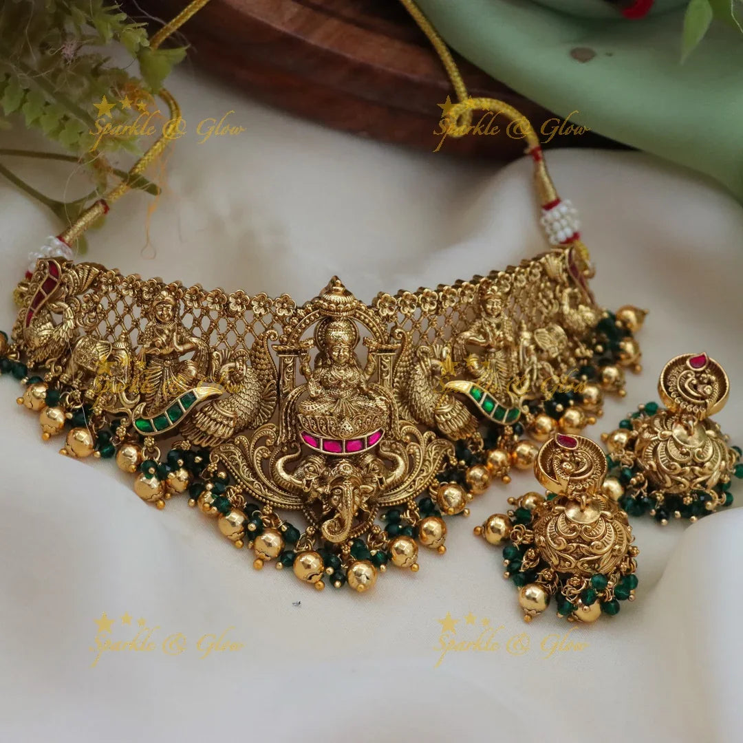 Grand Lakshmi Peacock Elephant carved Bridal Choker with beads