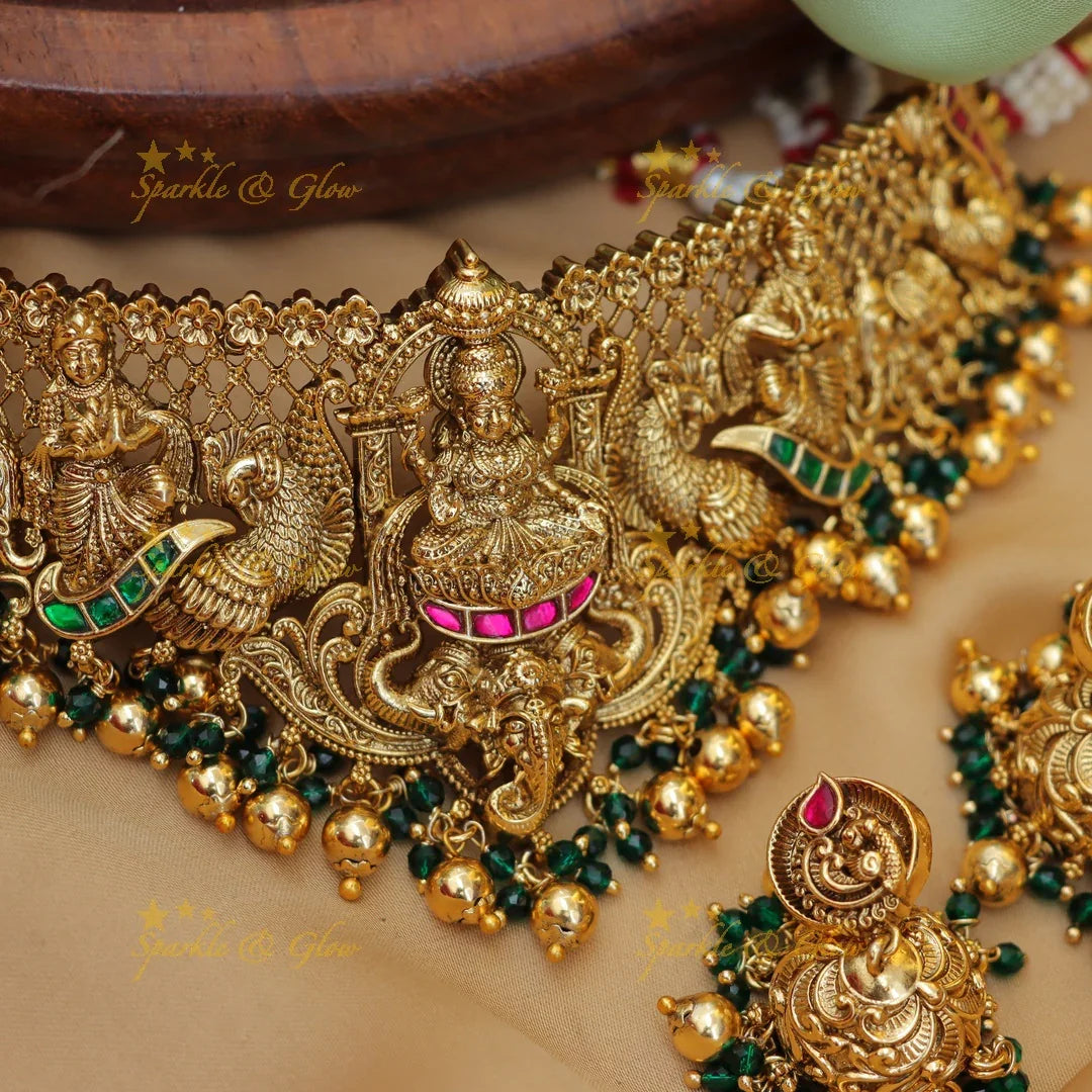 Grand Lakshmi Peacock Elephant carved Bridal Choker with beads