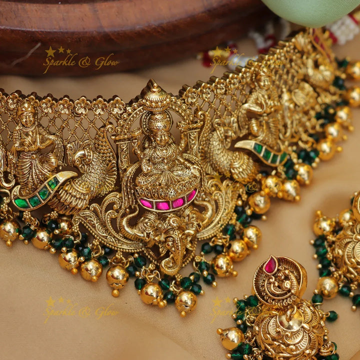 Grand Lakshmi Peacock Elephant carved Bridal Choker with beads